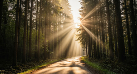 Obraz premium Sunlight streams through the dense canopy of a forest, illuminating a path with ethereal rays, creating a serene and magical atmosphere in the tranquil woods