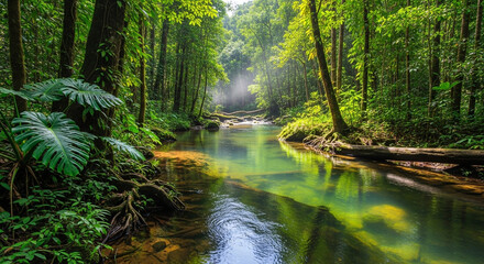 Obraz premium Lush rainforest scene with a clear river flowing through the dense vegetation, creating a serene and vibrant natural landscape with sunlight filtering through the trees