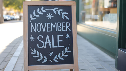 November sale chalkboard sign for retail store promotion and seasonal shopping discounts and special offers