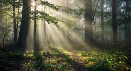 Obraz premium Sunlight streams through the trees in a misty forest, creating a magical and ethereal atmosphere, highlighting the beauty of nature in a serene setting