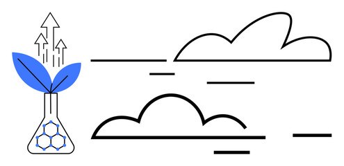Glass flask with green leaves and upward arrows representing growth beside stylized clouds. Ideal for sustainability, science, innovation, environment, clean energy, climate change, and progress as