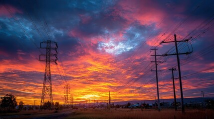 Power lines against a dramatic sunset sky in fiery orange and blue hues. Shows energy infrastructure, power grid, and technological development.