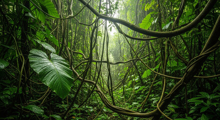 A lush jungle scene with dense foliage, featuring vibrant green leaves and tangled vines creating a captivating and immersive natural environment