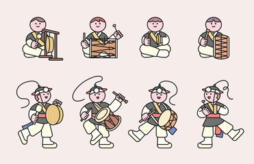 Naklejka premium Children wearing hanbok are playing a traditional Korean circle dance called Ganggangsullae in a sunny field surrounded by mountains.