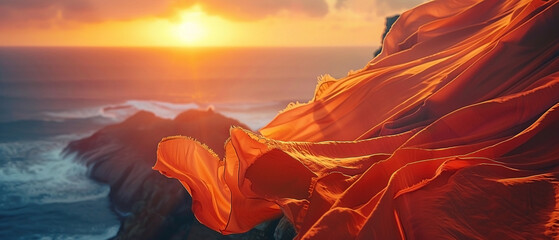 Dramatic sunrise over coastal cliffs with flowing fabric in foreground