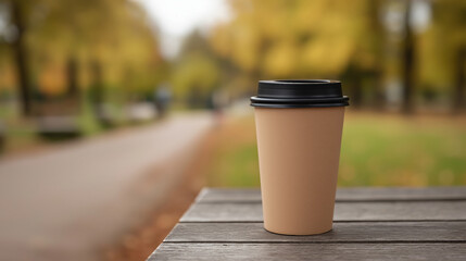 Paper coffee cup on wooden table in autumn park with blurred background.