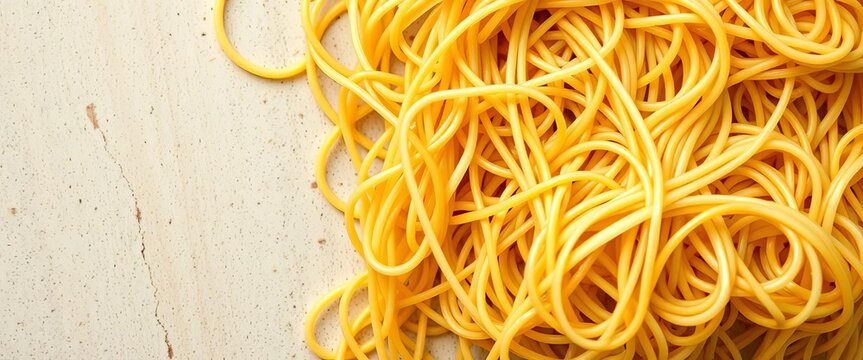 A tangled mass of cooked spaghetti, forming a textured background,  pasta,  bowl