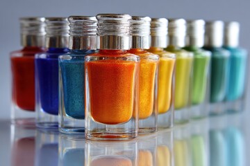 Row of nail polish bottles with colorful, shimmering pigments and silver caps. Use for beauty blogs, cosmetics ads, or DIY nail art design tutorials.