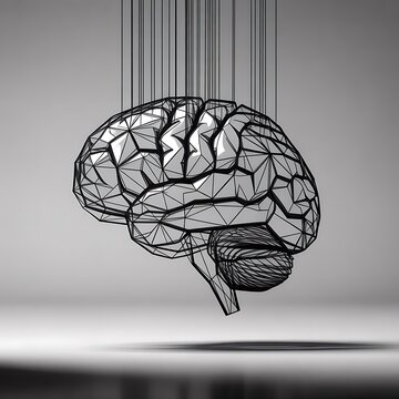 Black and white illustration of a human brain as a puppet controlled by strings isolated on white background