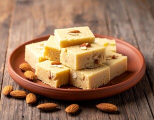 Plate of traditional Indian barfi sweets served with almonds