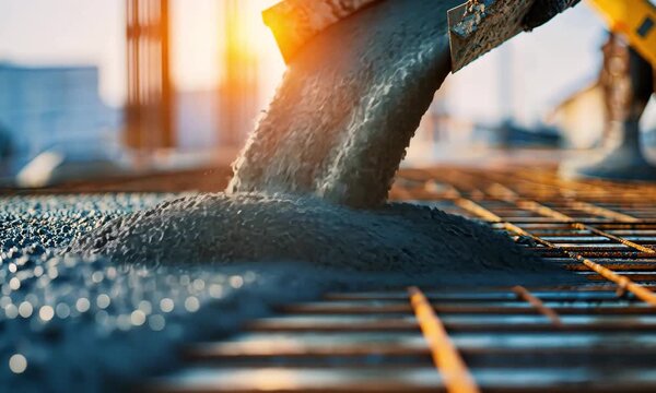 Construction workers pour wet concrete onto steel rebar grid at building site, 4k video