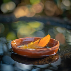 Feathered serenity: A delicate plumage resting within a terracotta ring afloat