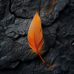 Vibrant feather resting on stark, textured charcoal, an elegant contrast presented with precision and grace