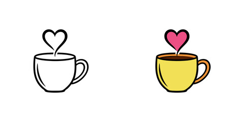 Bright Yellow Coffee Cup with Heart Shape Steam on Black Background - Cheerful Coffee Illustration