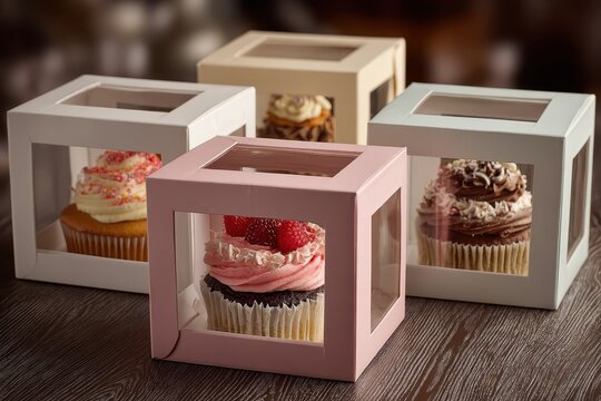 Four cupcakes displayed in windowed boxes on a dark wood table. Use this to showcase baked goods for bakeries or home delivery options.