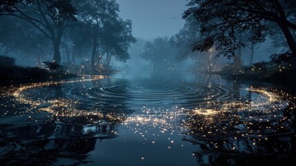 Misty lake with ripples and glowing lights amongst the dark trees. Use this for fantasy, nature, or calming magical concepts.
