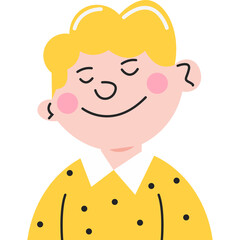 Joyful Blond Boy With Closed Eyes Wearing A Yellow Shirt With Black Dots And White Collar Isolated On Transparent Background