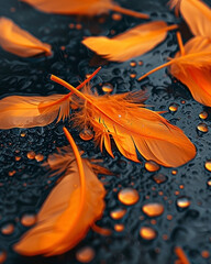 Autumnal Feather Dance: Orange Plumes Floating on a Bedewed Surface with Reflected Light