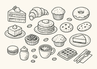 Cafe Desserts Hand Drawn Vector Set Black and White Artisan Pastry Sketch Illustration