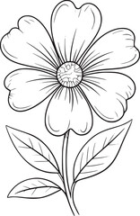Black and white line drawing of a single flower with leaves line art botanical