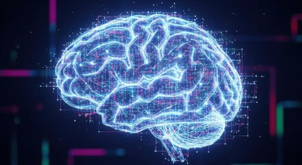 Abstract digital illustration of a glowing blue human brain with circuitry and data streams