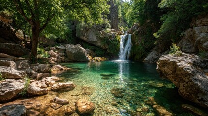Beautiful waterfall cascading into a crystal-clear turquoise pool and lush green scenery. Ideal for travel, nature, and relaxation concepts in advertising and editorial use.