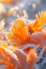 Golden avian plumes with ice adornments, catching sunlight in winter's breath