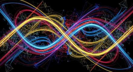 Vibrant intertwined light waves and particles creating a dynamic abstract energy pattern