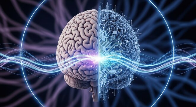 The fusion of human biological brain and artificial intelligence technology creating a powerful digital consciousness
