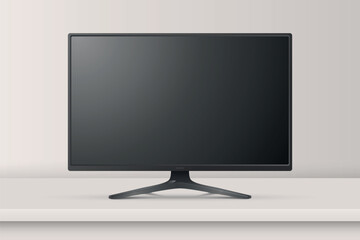 Fototapeta premium Vector 3d Realistic Monitor or TV On Desk. Front View Minimal Display. Blank Black Screen, Monitor Mockup. Clean TV Screen, LCD LED Display Design Template, Front View