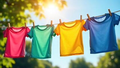 Vibrant Summer Laundry Drying in Warm Sunlight Freshly Washed Clothes Flapping Joyfully on a Clothesline Against a Bright Blue Sky, Perfect for a Sunny Day