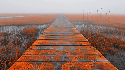 Solitary journey across a tranquil wooden boardwalk through marshland in hazy light