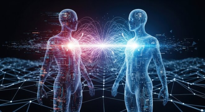 Two translucent human figures connect through a vibrant energy beam amidst a digital network of glowing lines and nodes