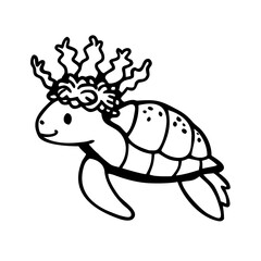 Cartoon turtle wearing a seaweed crown, adorable