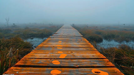 Ethereal pathway: orange footprints mark a weathered wooden bridge into misty expanse