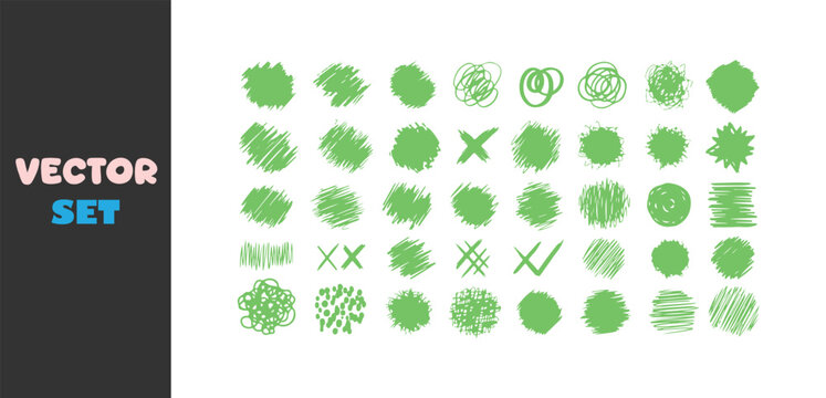 Collection of abstract green scribbles and doodles on a white background