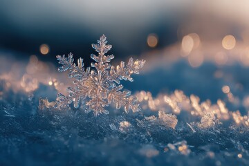Close-up shows a single, intricate snowflake on snow with bokeh. Use it to illustrate winter, holidays, cold weather, and much more.