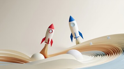 two papercraft rockets launch for business competition and innovation race