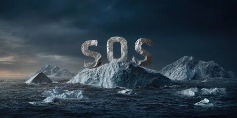 Icebergs in dark ocean with large SOS letters carved into ice, conveying urgency and distress in a dramatic, moody atmosphere, highlighting environmental concerns and climate change