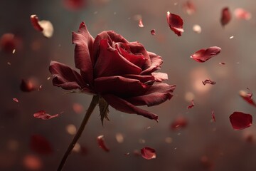 Dramatic red rose with falling petals and dreamy bokeh background. Ideal for romantic occasions, Valentines, or expressing love feelings.