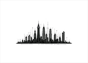 Naklejka premium Modern Cityscape Silhouette A Monochromatic Illustration of Skyscrapers and Urban Architecture