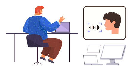 Man at desk interacting with laptop featuring voice recognition. Facial scan interface nearby. Ideal for AI, security, authentication, biometric innovation, remote work, technology innovation, simple