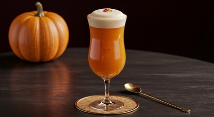 Elegant presentation of a creamy orange cocktail with pumpkin garnish on a dark table.