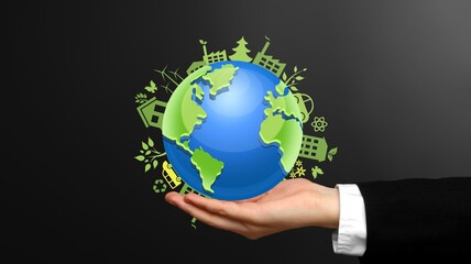 Net zero emissions, business person hold globe