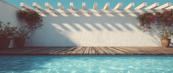 Sunny poolside patio with wooden deck and white pergola casts shadows.