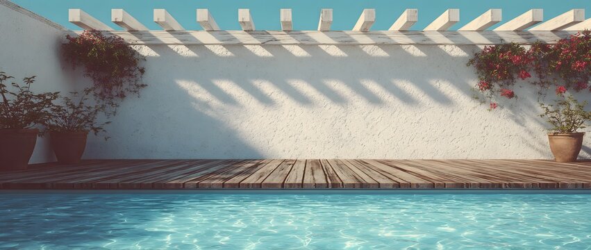 Sunny poolside patio with wooden deck and white pergola casts shadows.