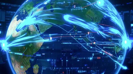 A futuristic Earth globe is overlaid with data streams & glowing lines in a control room setting - Powered by Adobe