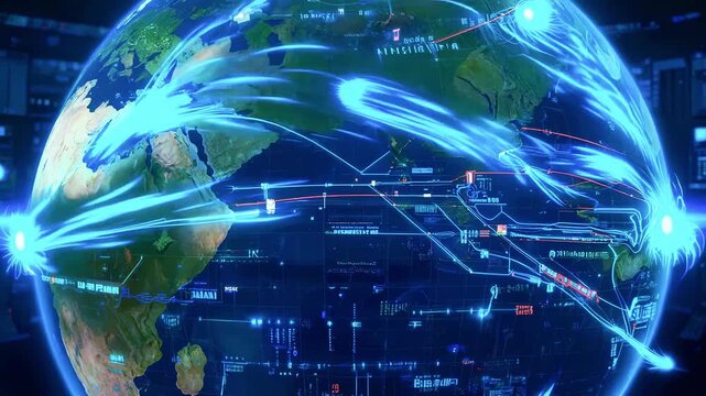 A futuristic Earth globe is overlaid with data streams & glowing lines in a control room setting - Powered by Adobe