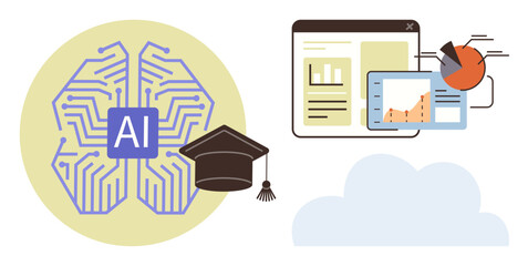 AI brain graphic, graduation cap, analytics tools, charts, and cloud. Ideal for technology, education, innovation artificial intelligence data science e-learning cloud computing. Simple flat