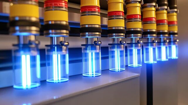 Hydrogen fuel cell stack and reactor tubes glow blue in clean lab and factory lines, future hydrogen energy system for environment sustainability